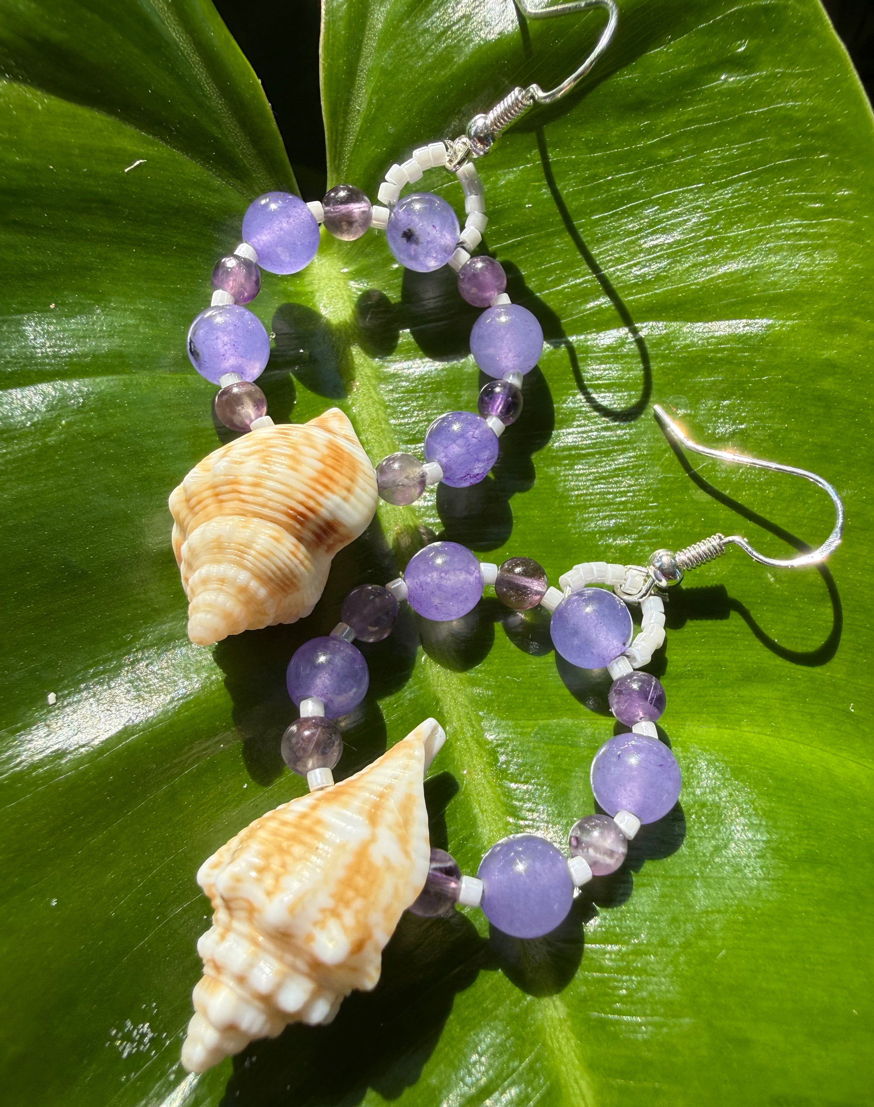 Florida Fighting conch earrings with amethyst and dyed jade beads