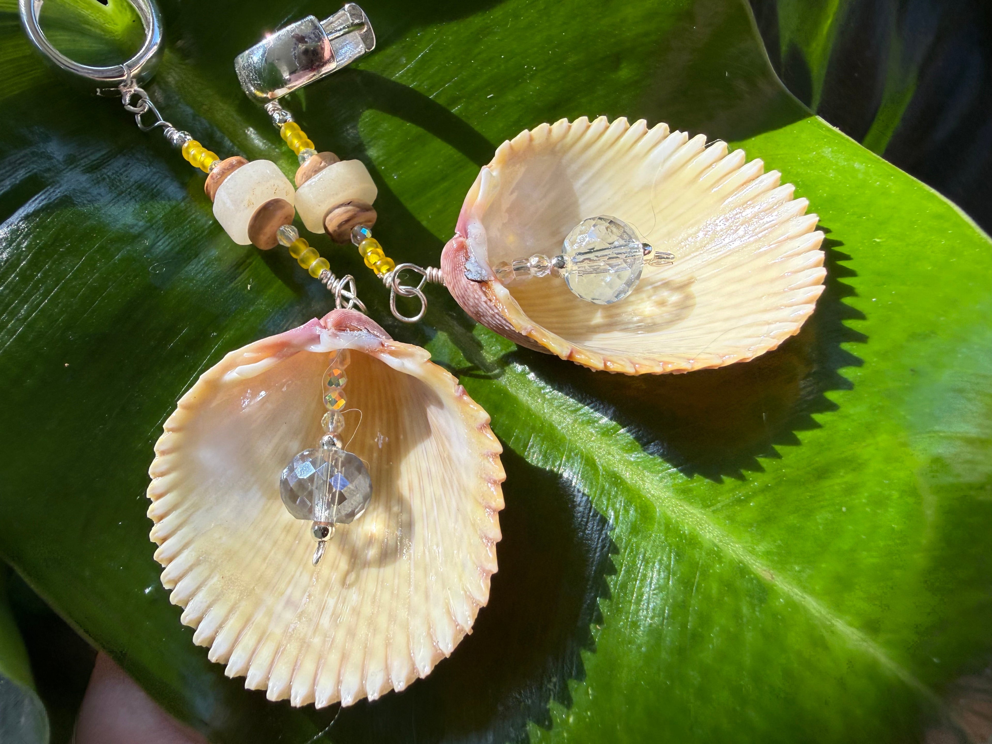 Yellow Cockle shell earrings with crystal and sunstone beads