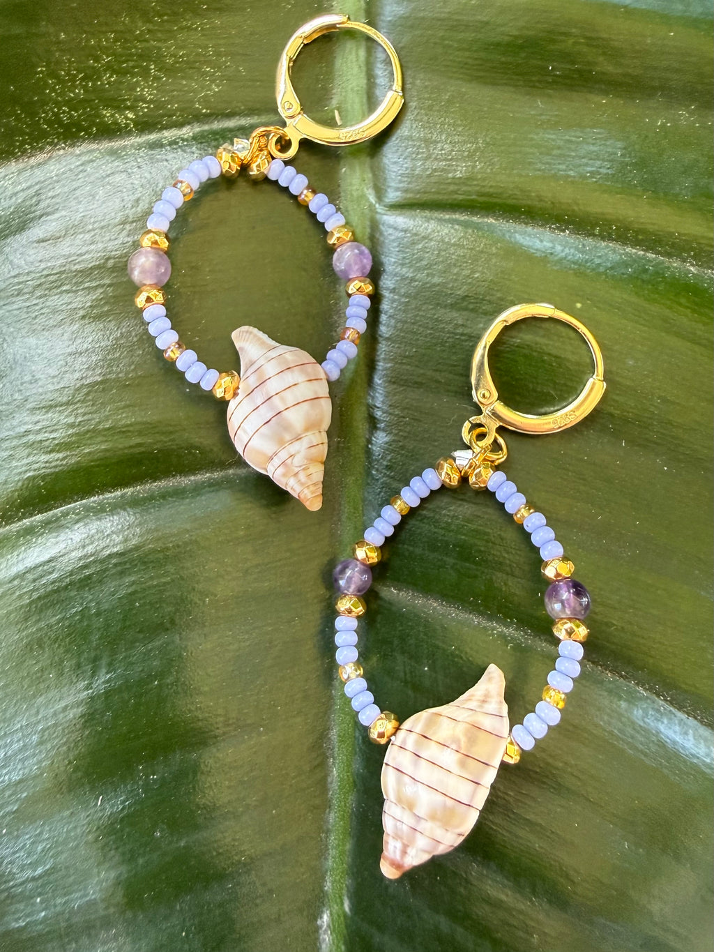 Mini banded tulip earrings with purple, gold and amethyst beads.