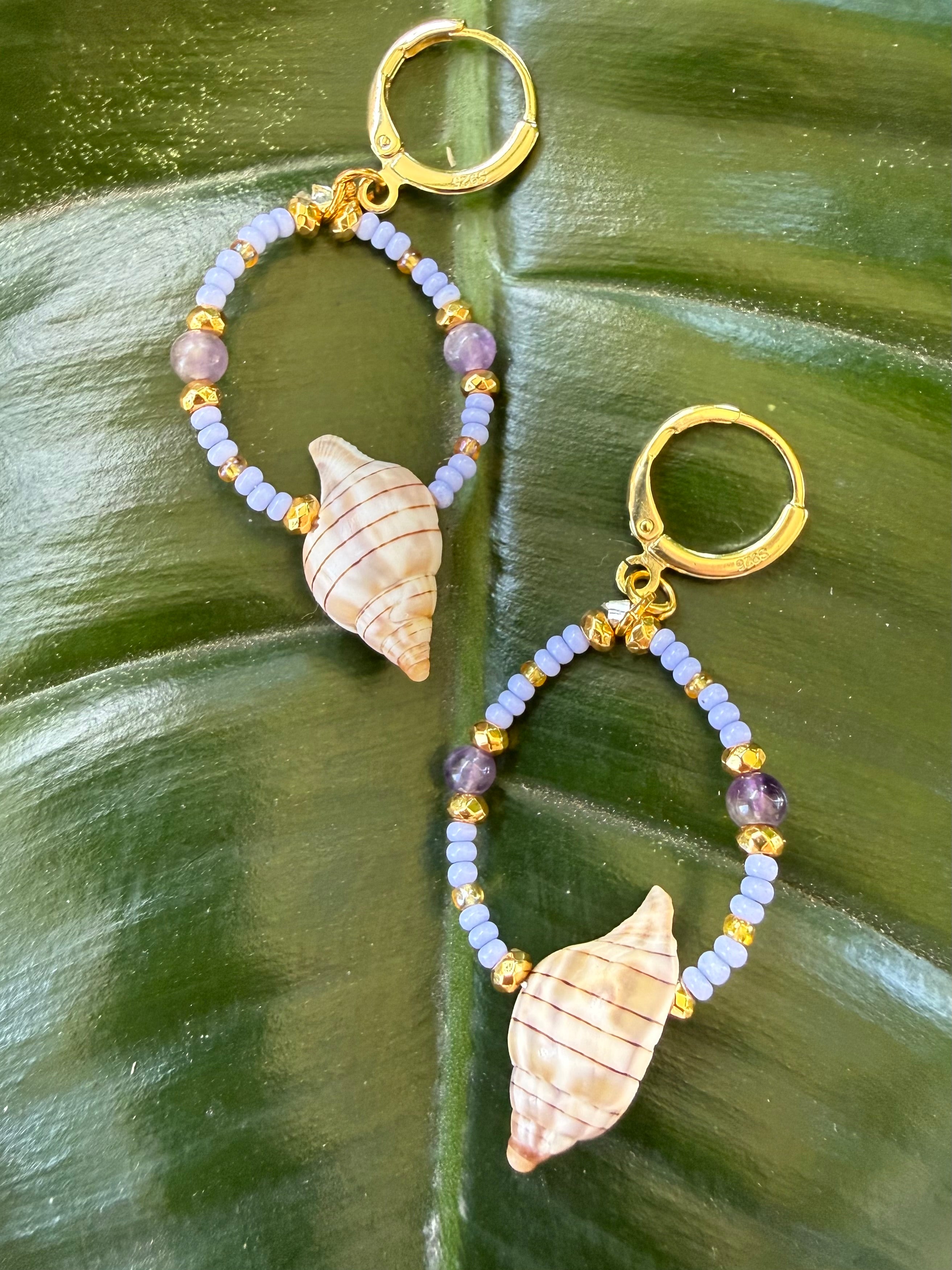 Mini banded tulip earrings with purple, gold and amethyst beads.