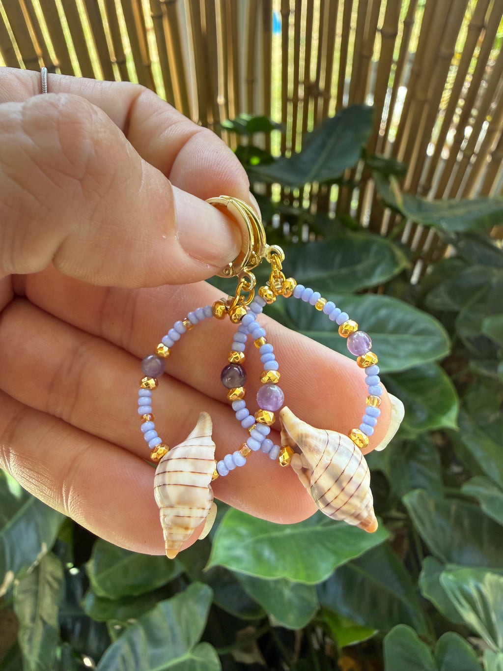 Mini banded tulip earrings with purple, gold and amethyst beads.