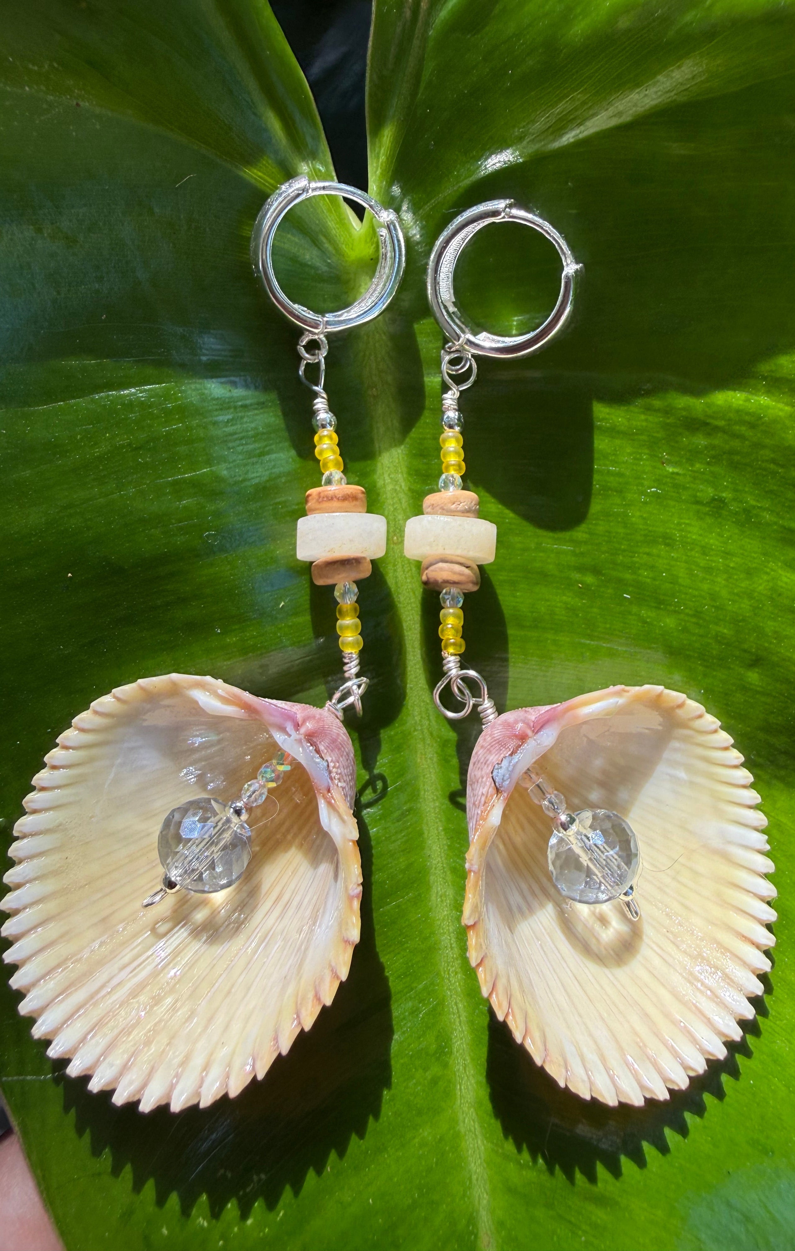 Yellow Cockle shell earrings with crystal and sunstone beads