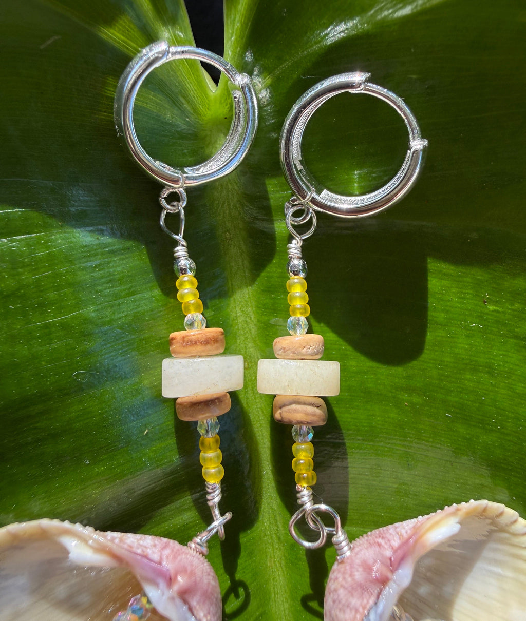 Yellow Cockle shell earrings with crystal and sunstone beads