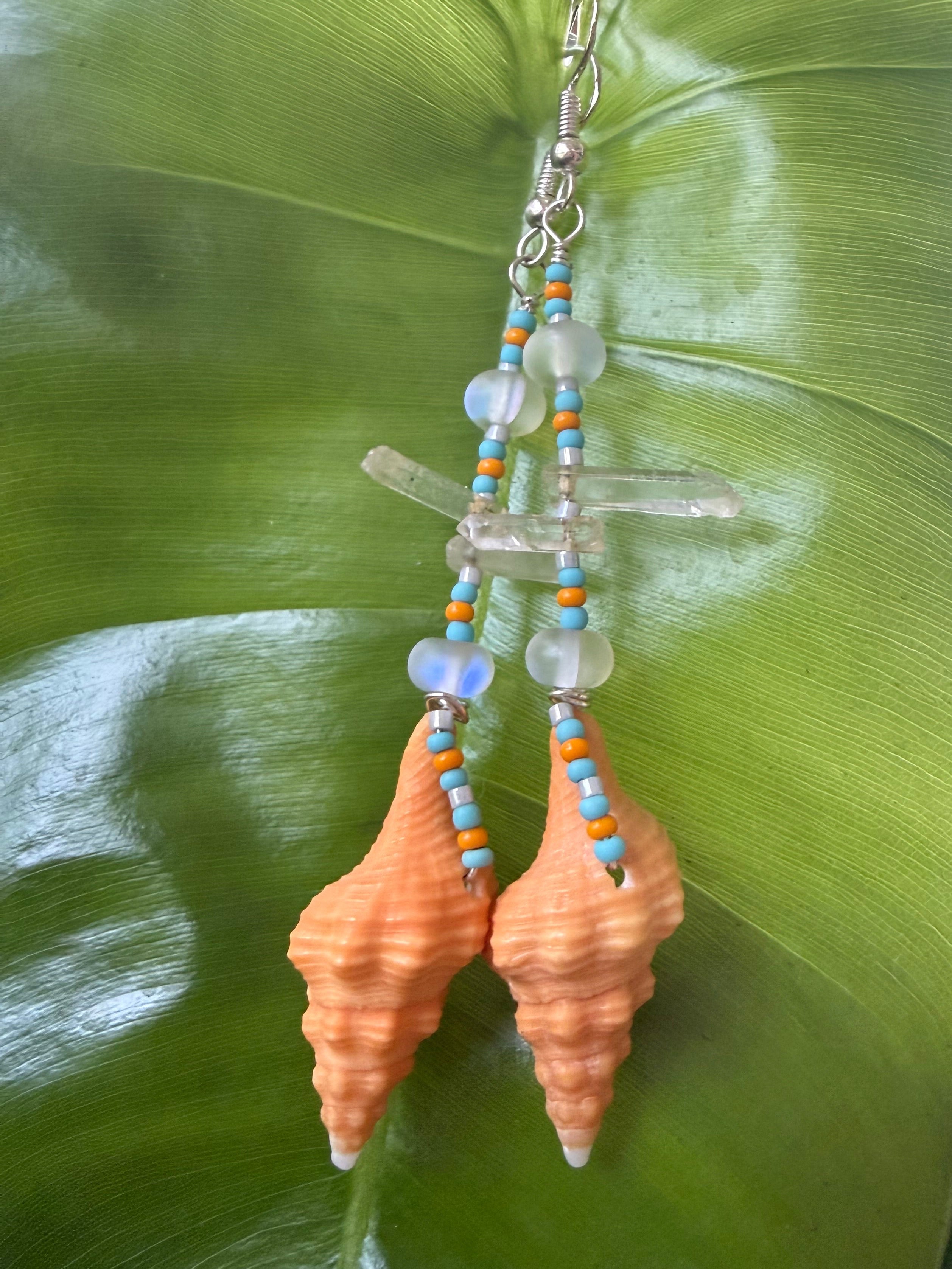 Orange Horse Conch Crystal shard earrings