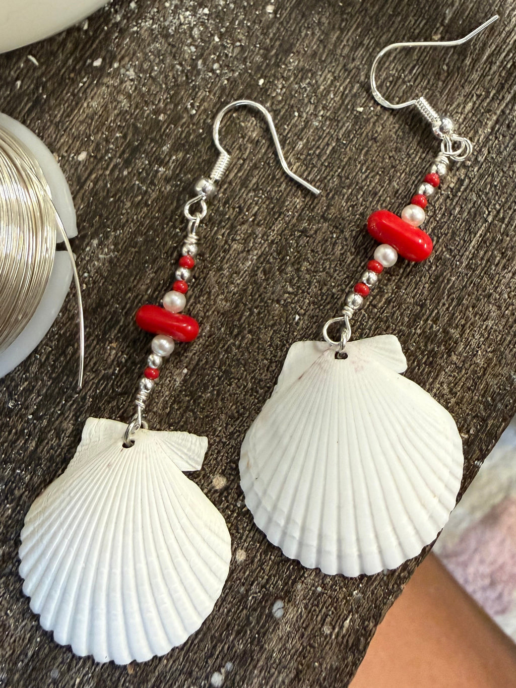 White scallop dangle earrings