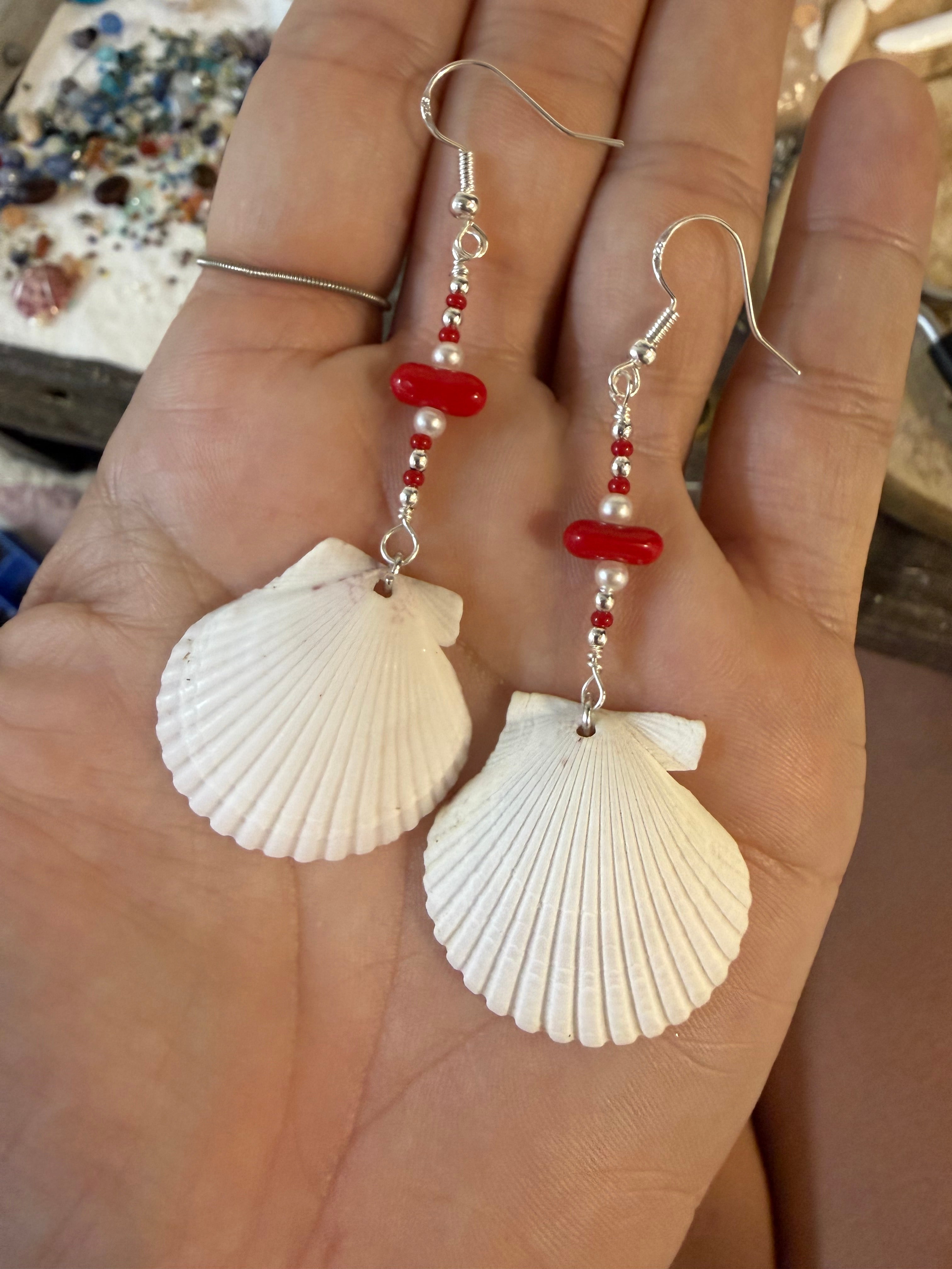 White scallop dangle earrings