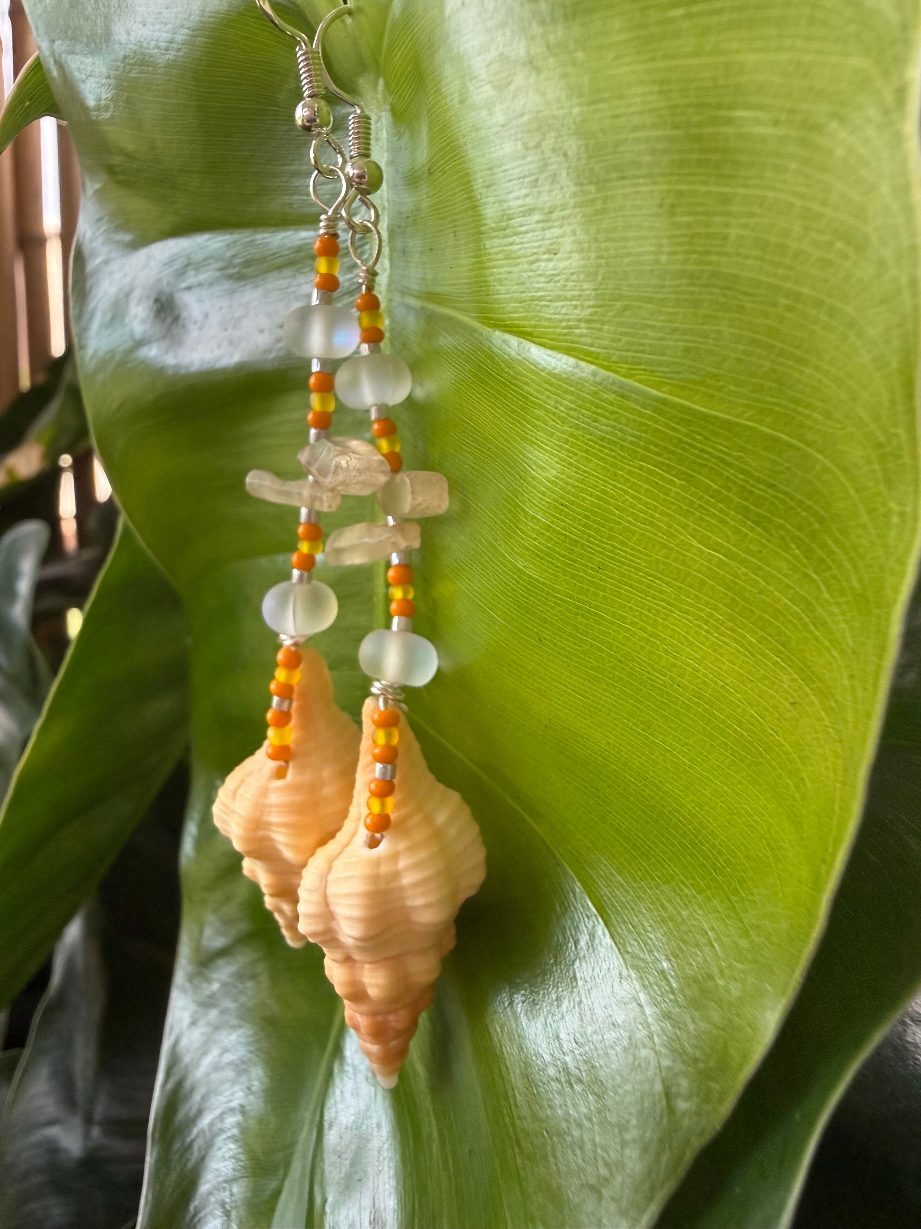 Light yellow Horse conch / crystal earrings