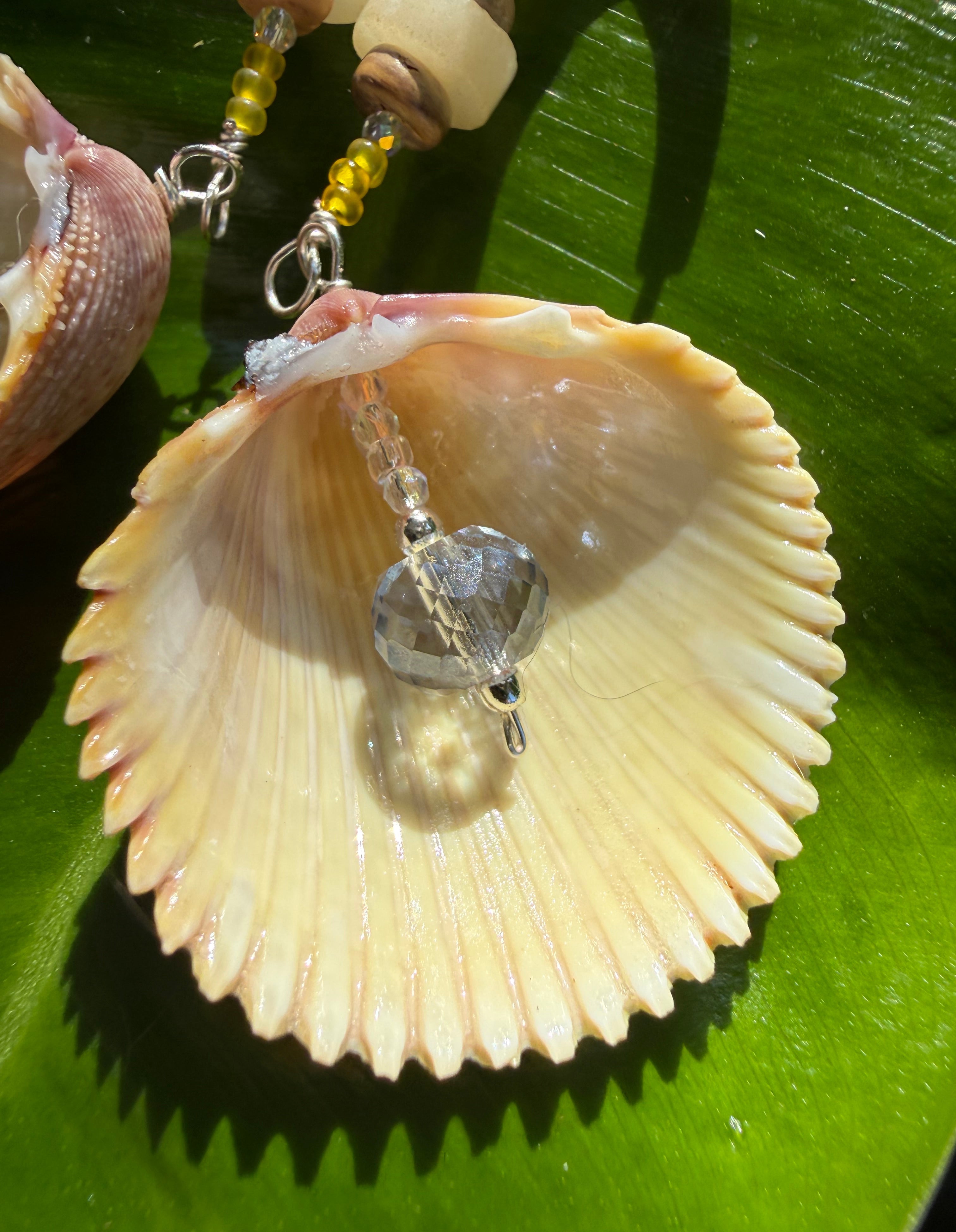 Yellow Cockle shell earrings with crystal and sunstone beads