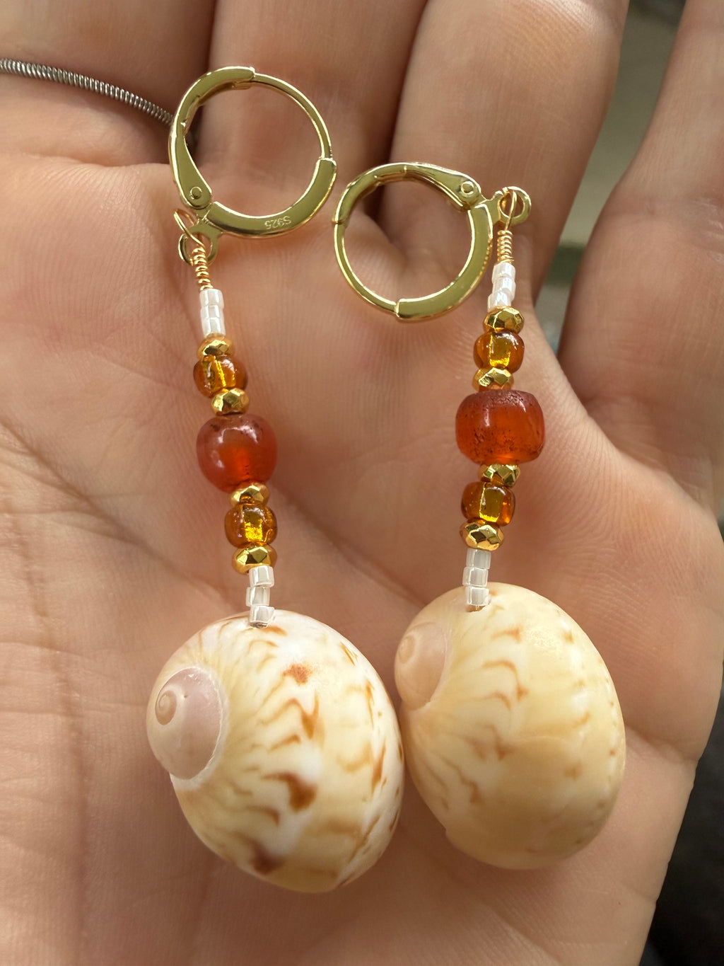 Gaudy Nautica shells, gold wire wrap earrings