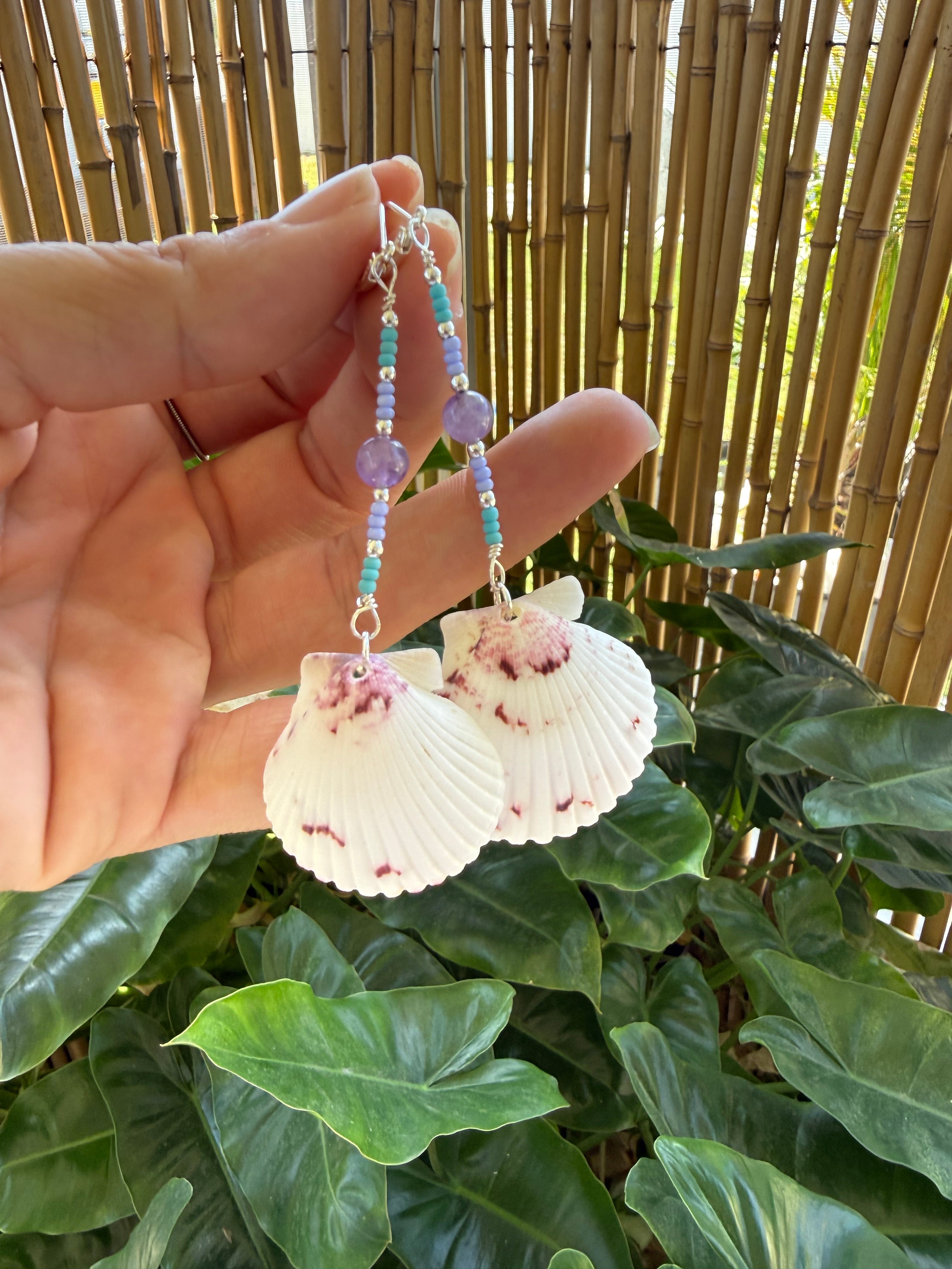 White & Purple scallop earrings