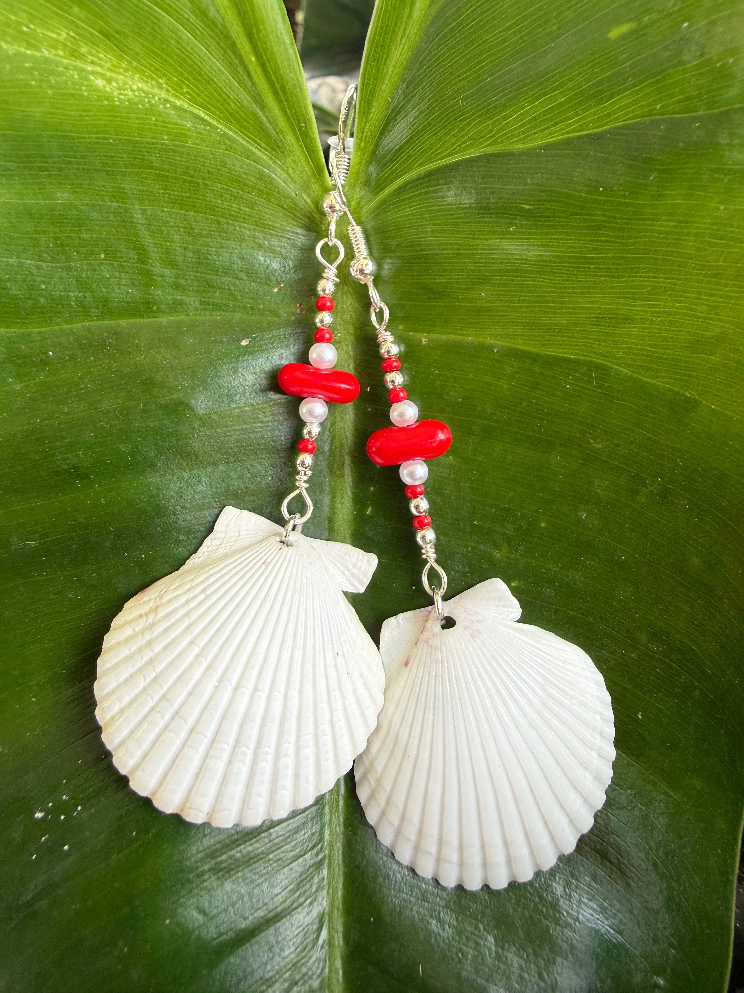 White scallop dangle earrings