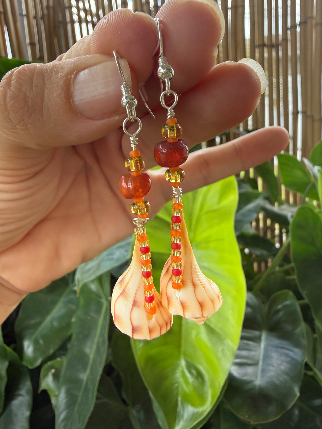 Lightning Whelk with carnelian earrings
