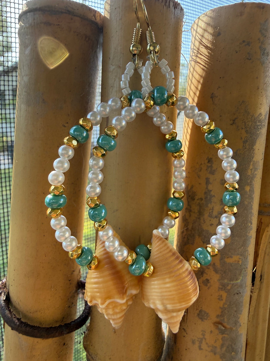 Florida Fighting Conch, turquoise and pearls hoop earrings