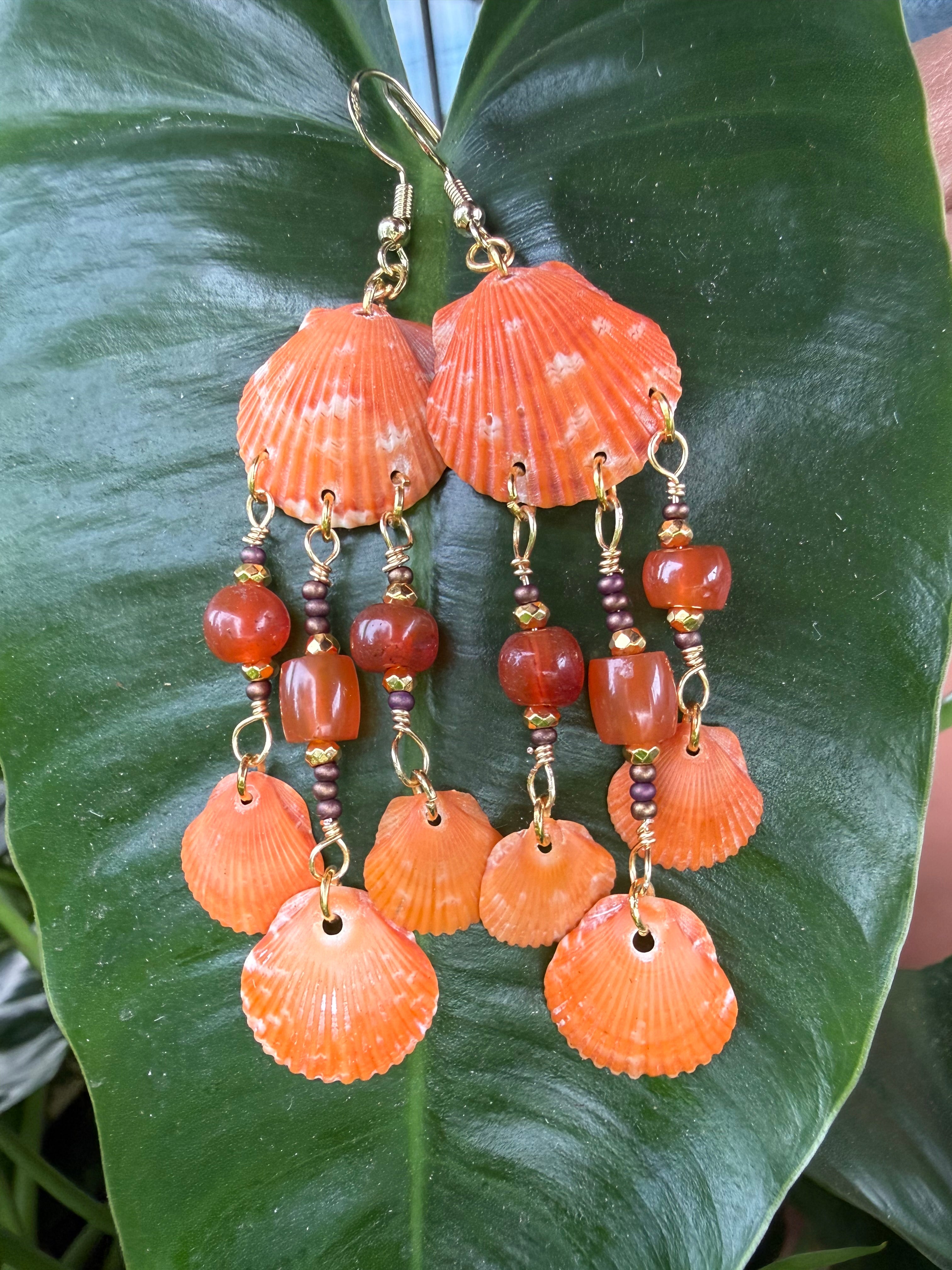 Orange Scallops chandelier earrings