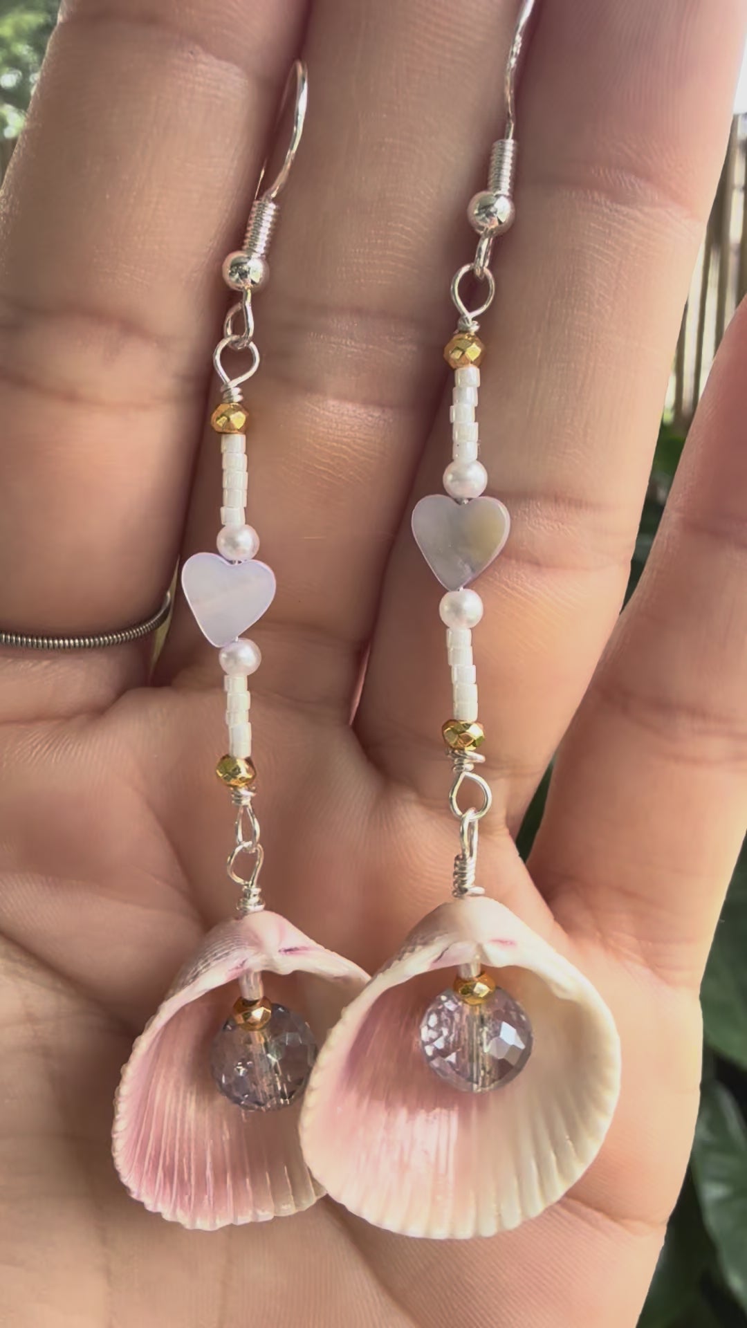 Cockle shell earrings with hearts and crystal beads
