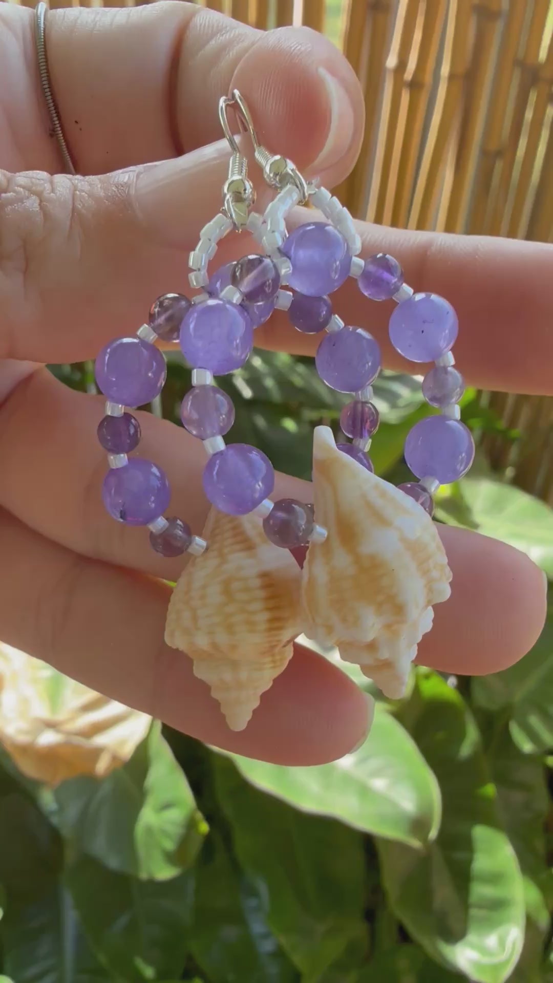 Florida Fighting conch earrings with amethyst and dyed jade beads